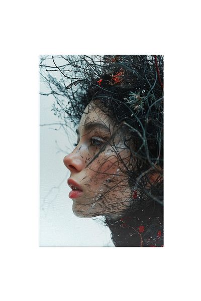 StoryGift Romania Tablou Canvas: Chipul Feminin Cu Buze Mari Si Ochii Verzi Suparat Cu Ramuri Innegrite Pictura
