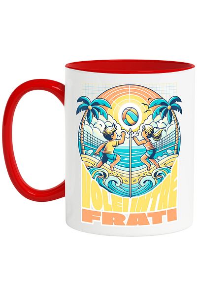 StoryGift Romania Volleyball Mug Between Brothers on the Beach, Volleyball Lovers, 330ml, Ceramic with Red Handle, With ,STG