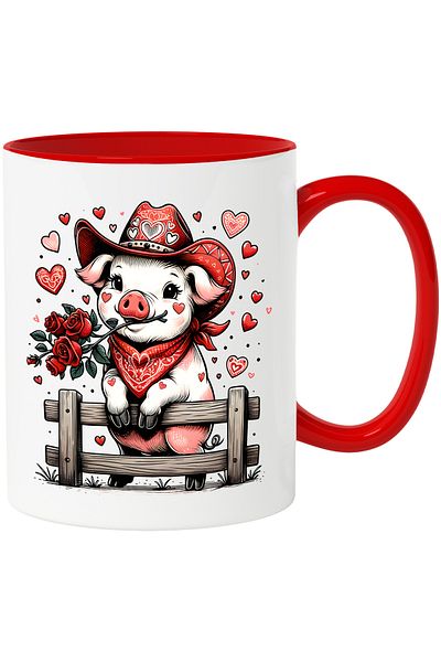 StoryGift Romania Mug with cheerful and cute piglet, illustration, love, hearts, roses, With ,STG