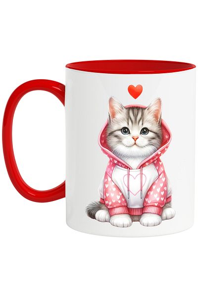 StoryGift Romania Mug with a cat in a hoodie, illustration, heart, cheerful, playful, lovers d, With ,STG