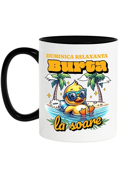 StoryGift Romania Mug with Yellow Duckling with Sunglasses at the Beach in the Water, text Sunday Rel, With ,STG.
