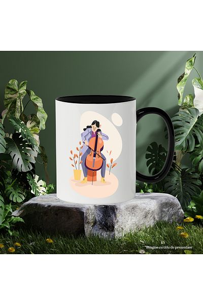 StoryGift Romania Mug With Musician, Cello, Musical Instrument, Plants, Pot, Multicolor 330, With ,STG