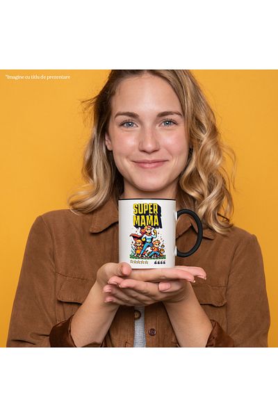 StoryGift Romania Super Mama Mug + pixelart video game family woman, 330ml, Ceramic with Handle Ne, With