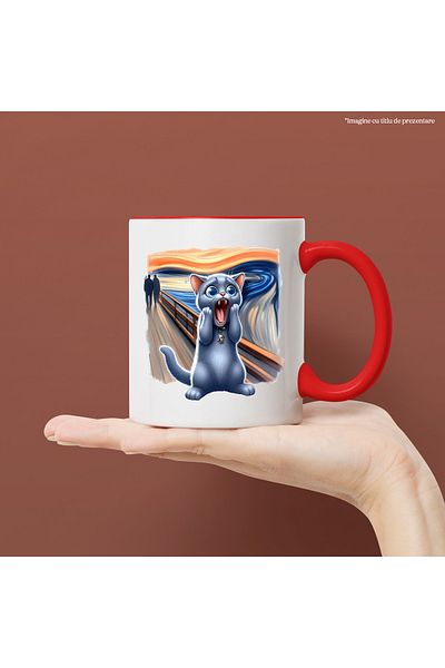 StoryGift Romania Mug with a scared cat, illustration, shocked, amazed, famous painting, water, apple, With ,STG