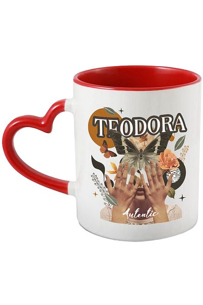 StoryGift Romania Mug With Name Teodora, Girl Collage, Butterfly, Flowers, Circle, 330ml, Ceramic with Handle, With ,STG