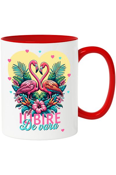 StoryGift Romania Pink flamingo birds love summer love mug, 330ml, Ceramic with Red Handle, With Ma,STG.