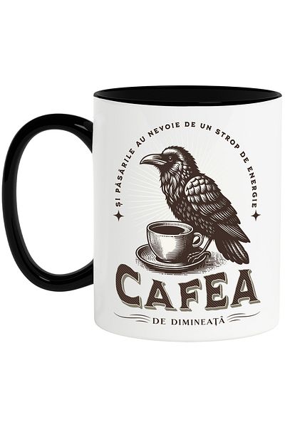 StoryGift Romania Mug and birds need energy coffee, 330ml, Ceramic with Black Handle, With Handle, STG