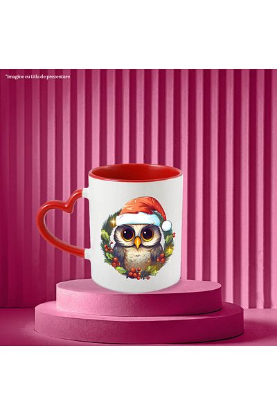 StoryGift Romania Mug with an owl wearing a Christmas hat, illustration, holiday, wreath, mistletoe, , With ,STG .