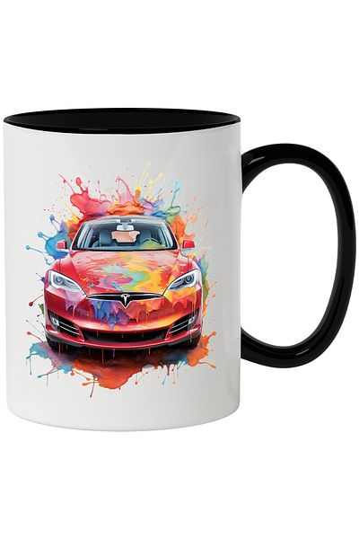 StoryGift Romania Mug With Car, Tesla, Watercolor, Paint Splashes, Multicolor 330 ml, Ceramic with, With, STG