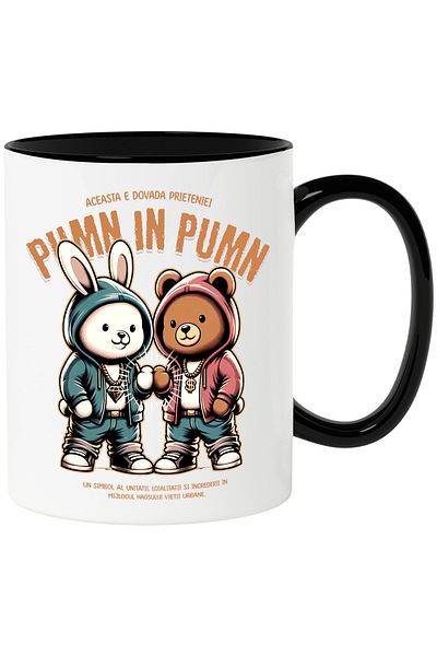 StoryGift Romania Mug Proof of friendship rabbit and bear family, 330ml, Ceramic with Black Handle, With Handle, STG