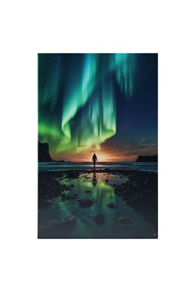 StoryGift Romania Tablou Canvas: Fotografie Surprinzand Aurorele Boreale - Om In Departare Apa Pictura Digitala