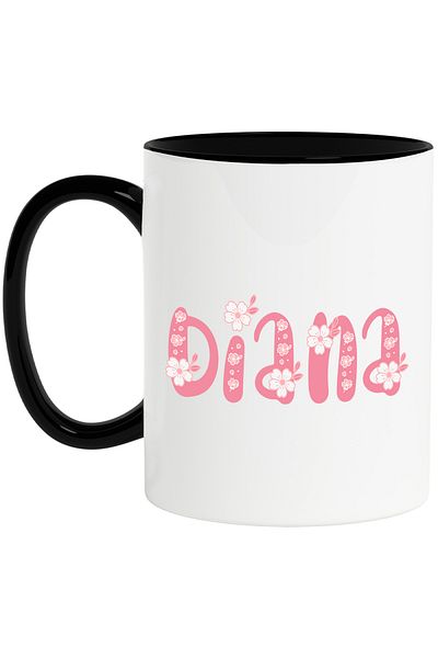 StoryGift Romania Mug With Name Diana, Flowers, Colorful, Pink, Cute, 330ml, Ceramic with Black Handle, With ,STG