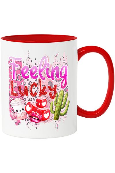 StoryGift Romania Mug with the message "Feeling Lucky", dice, lips, cactus, Valentine's Day, illustrated, With ,STG