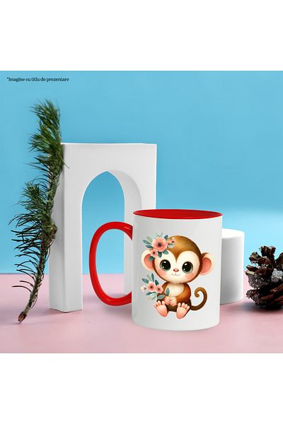StoryGift Romania Mug with a cheerful monkey, illustration, playful, popcorn, for children, imbujo, With,STG