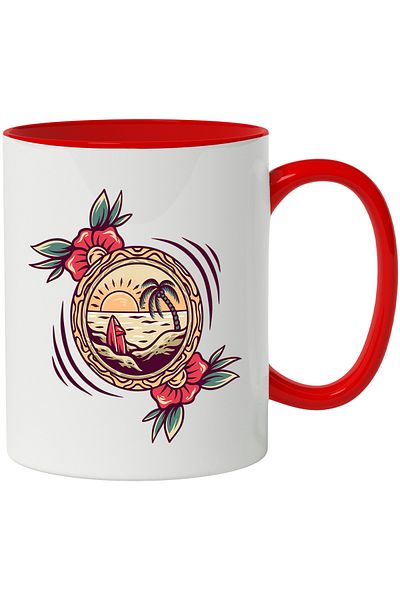 StoryGift Romania Beach Mug, Sunset, Sea, Palm Tree, Surfboard, Flowers, Frame, Multicolor 330 m, With ,STG
