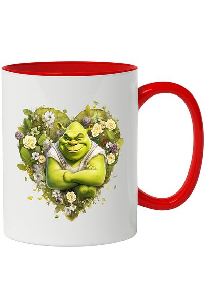 StoryGift Romania Mug With Shrek, Heart, Ogre, Flowers, Leaves, Cartoons, Multicolor 330 ml,, With ,STG