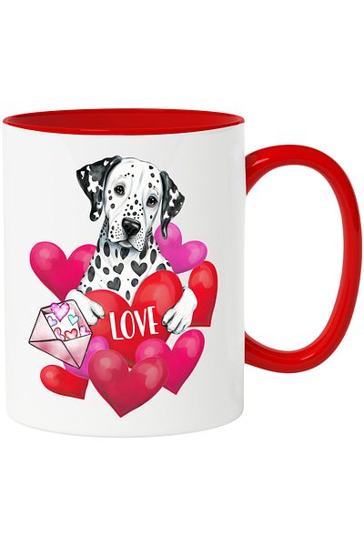 StoryGift Romania Mug with a dog holding a heart with the message "Love", love, illustrated, With,STG