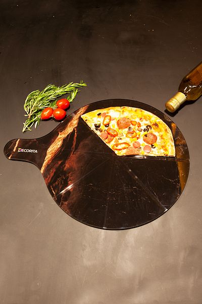 Decorita Pizza Presentation Glass with Handle and Cut Channel |   Brown Marble |   36cm X 47cm