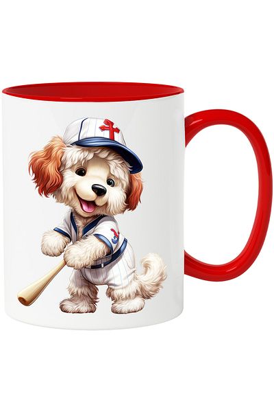 StoryGift Romania Mug with a furry puppy playing baseball | illustration | cap | cheerful | spo, Cu ,STG