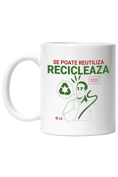 StoryGift Romania Cana Se Poate Reutiliza Reciclare Poluare Plastic, 330ml, Ceramic Cu Maner Alb, Cu Ma,stg