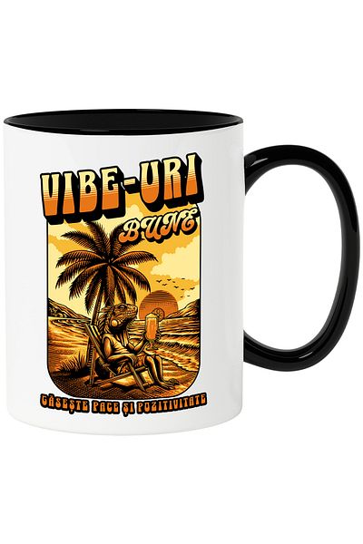 StoryGift Romania Reptile Mug Standing at the Beach, Vacation, Good Vibes, 330ml, Ceramic with Black Handle, With, STG