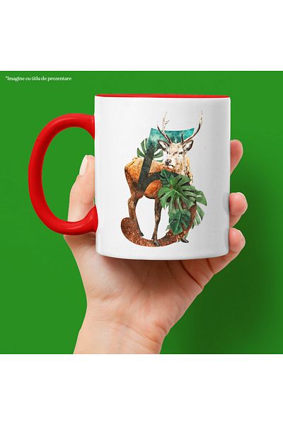 StoryGift Romania Mug With Number, 5, Deer, Plants, Leaves, Multicolor 330 ml, Ceramic with Red Handle, With ,STG