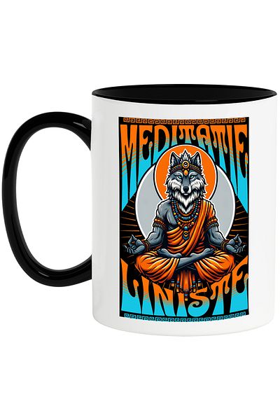 StoryGift Romania Meditation and Peace Mug - Wolf doing Yoga, 330ml, Ceramic with Black Handle, With Handle, STG.