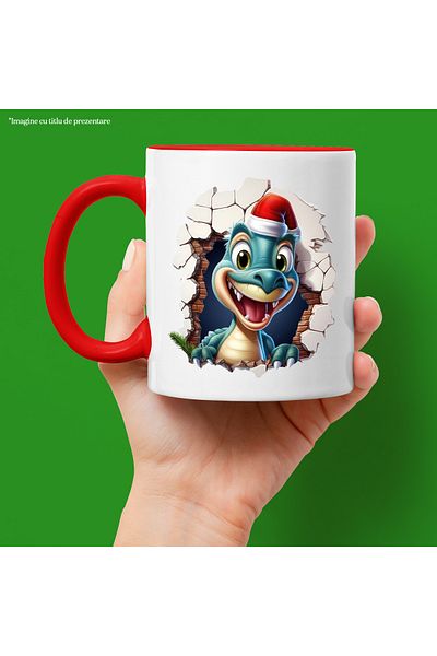 StoryGift Romania Mug with a dinosaur wearing a Christmas hat | happy | sticking its head out through a feather, With