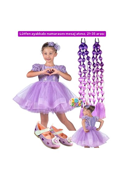 3b kids kuromi mor payetli kabarık elbise gelinlik kostüm + 2 adet mor bubble...