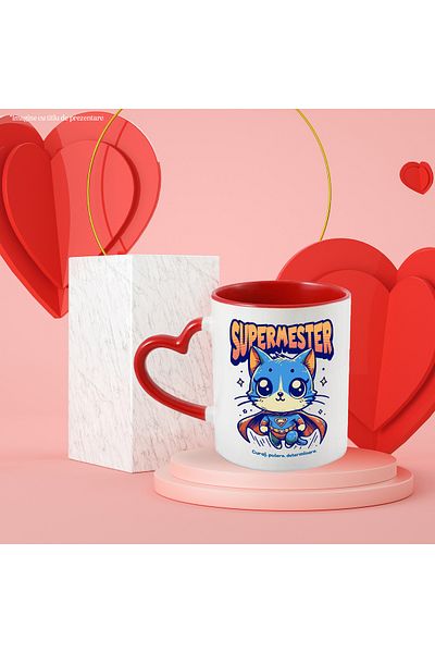 StoryGift Romania Super Mester Mug, Superhero, Flying Cat, 330ml, Ceramic with Red Heart Handle, With,STG.