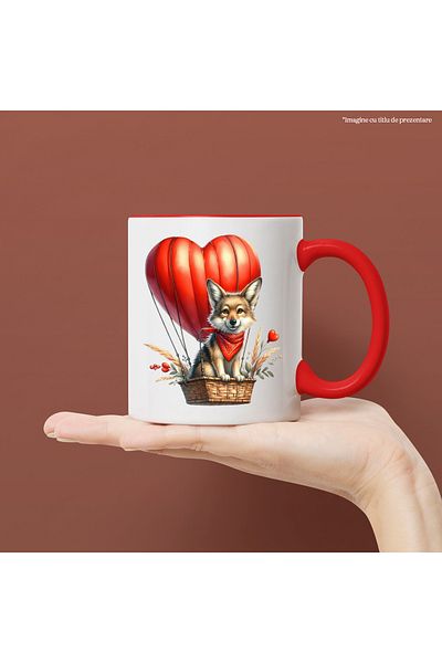 StoryGift Romania Mug with a wolf, illustration, flying with a hot air balloon, heart, wheat, affection, With ,STG