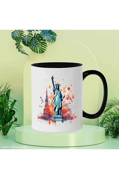 StoryGift Romania Mug With Monument, Statue of Liberty, USA, Watercolor, Multicolor 330 ml, Ceramics, With ,STG