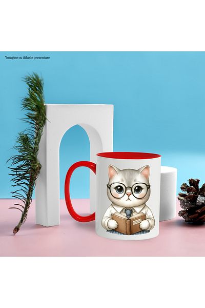 StoryGift Romania Mug with a kitten holding a book, illustration, glasses, nerd, reading, learn, With ,STG