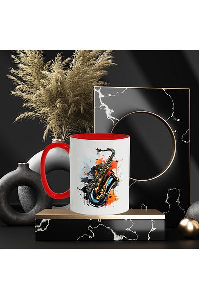 StoryGift Romania Cana Cu Saxofon, Instrument Muzical, Jazz, Vopsea, Multicolor 330 Ml, Ceramica C, Cu ,stg