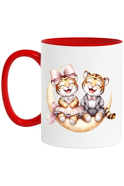 StoryGift Romania Mug with 2 laughing tigers, illustration, having fun, friendship, affection, crescent moon, , With ,STG