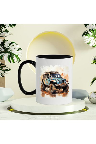 StoryGift Romania Mug With Car, Jeep, Wheels, Paint Splashes, Water, Rain, Multicolor 330 ml, Ceram, With ,STG