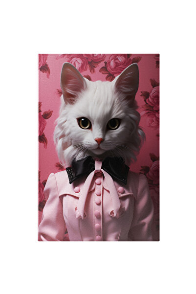StoryGift Romania Tablou Canvas: Pisica Alba Imbracata In Costum Roz Si Papion Negru Fundal Printat Cu Bujori Ro