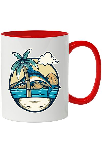 StoryGift Romania Swordfish Mug, Island, Mountains, Water, Clouds, Palm Tree, Multicolor 330 ml, Ceram, With ,STG