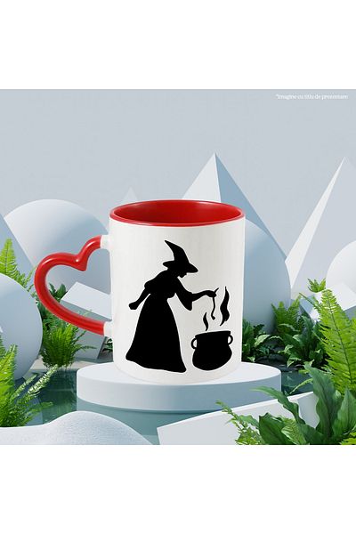 StoryGift Romania Mug with a witch brewing something in a cauldron with a Red Heart Handle, With Handle I, STG