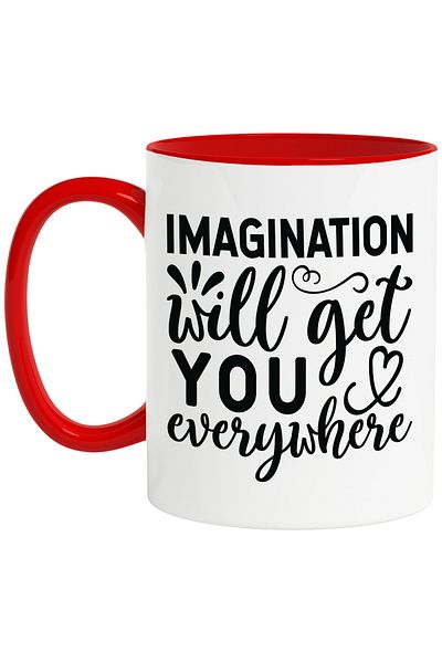 StoryGift Romania Mug with message that says imagination can take you anywhere with Red Handle, With M,STG