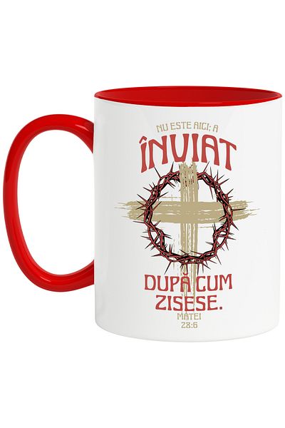 StoryGift Romania Jesus is Risen Cross Mug Easter Family Celebrations, 330ml, Ceramic with Red Handle, With M,STG