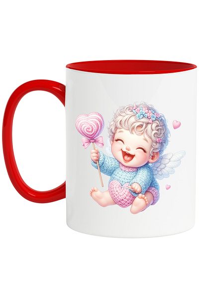 StoryGift Romania Mug with a baby Cupid, illustration, lollipop, wool, flannel, needle, hearts, ind, With ,STG