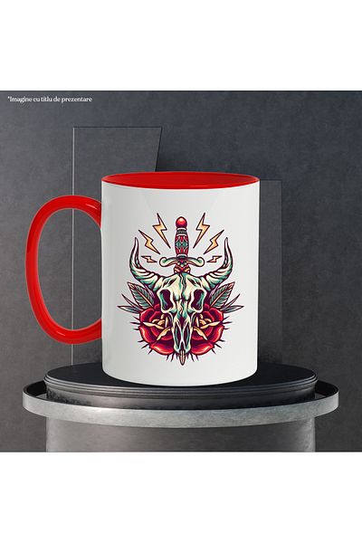 StoryGift Romania Mug With Skull, Dagger, Roses, Leaves, Lightning, Multicolor 330 ml, Ceramic, With ,STG.