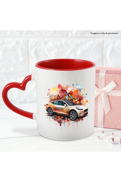 StoryGift Romania Mug With Tesla, Car, Vehicle, Brand, Watercolor, Multicolor 330 ml, Ceramic c, With ,STG