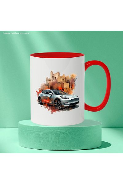 StoryGift Romania Mug With Car, City, Buildings, Illustration, Tesla, Multicolor 330 ml, Ceramic with, With, STG