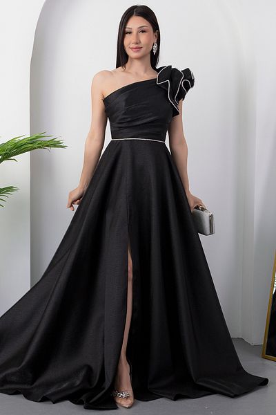 PULLIMM One Shoulder Chest Gathered Slit Evening Dress Ecr5579