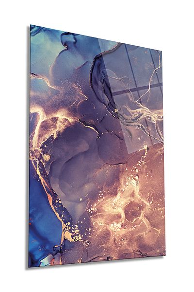 Rosyvien Tablou vertical din sticlă cu model abstract albastru și violet auriu, decor de perete pentru casă și birou, cadou de lux, rezistent la spargere