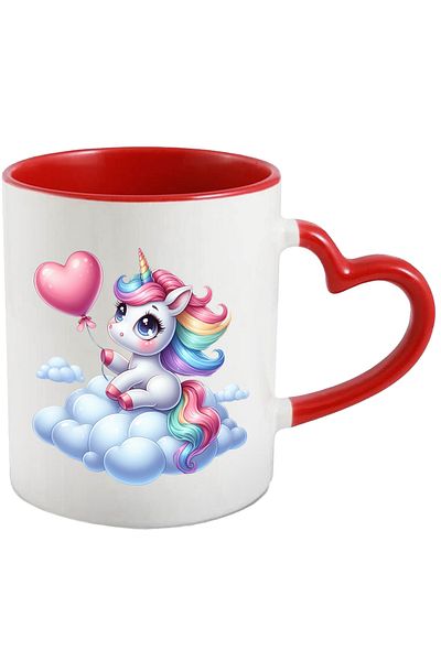 StoryGift Romania Mug with a unicorn sitting on a cloud | holding a pink heart-shaped balloon, With,STG.
