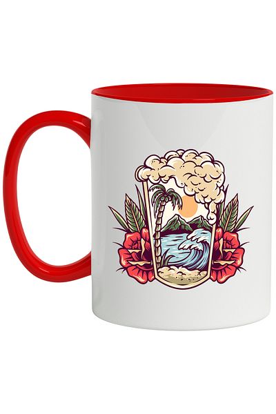 StoryGift Romania Mug With Glass, Beach, Waves, Palm Tree, Mountains, Flowers, Sun, Multicolor 330 ml, C, With ,STG