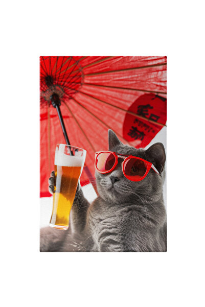 StoryGift Romania Tablou Canvas Umbrela Roșie Chinezească Apără De Insolație Pe Motanul Korat , Pictura Digitala